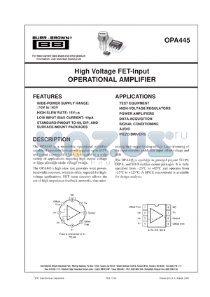 OPA445AU/2K5 datasheet - High Voltage FET-Input Operational Amplifier