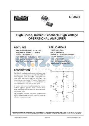 OPA603AU/1K datasheet - High Speed, Current-Feedback Operational Amplifier