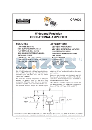 OPA620KU/2K5 datasheet - Wideband Precision Operational Amplifier