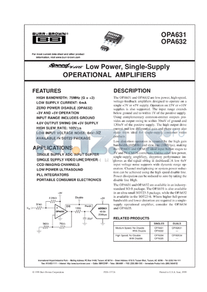 OPA631N/250 datasheet - SpeedPlus Low Power, Single Supply Operational Amplifiers