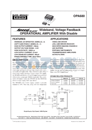 OPA680N/250 datasheet - SpeedPlus™ Wideband, Voltage Feedback Operational Amplifier with Disable