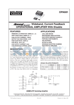OPA681N/250 datasheet - SpeedPlus Wideband, Current Feedback Operational Amplifier with Disable