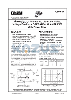 OPA687N/3K datasheet - SpeedPlus Wideband, Ultra-Low Noise, Voltage Feedback Operational Amplifier With Power Down