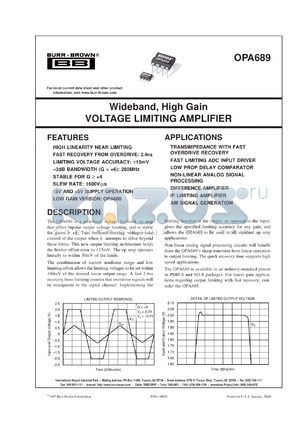 OPA689U/2K5 datasheet - Wideband, High Gain Voltage Limiting Amplifier