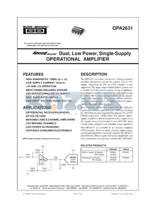 OPA2631U/2K5 datasheet - SpeedPlus Dual, Low Power, Single Supply Operational Amplifiers