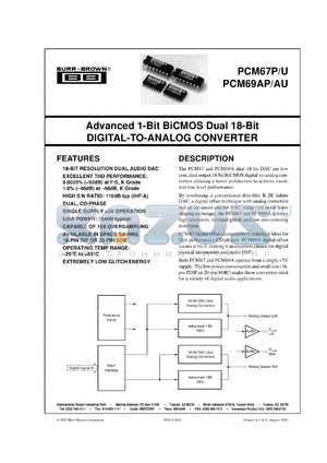 PCM69AU-J/2K datasheet - Advanced 1-Bit BiCMOS Dual 18-Bit Digital-to-Analog Converter