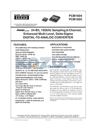 PCM1604Y/2K datasheet - SoundPlus 24-Bit, 192kHz Sampling, 6-Channel, Enhanced Multi-Level, Delta-Sigma Digital-to-Analog Converter