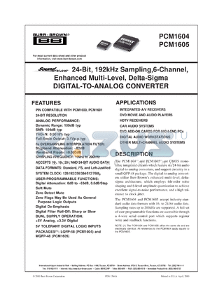 PCM1605Y/1K datasheet - SoundPlus 24-Bit, 192kHz Sampling, 6-Channel, Enhanced Multi-Level, Delta-Sigma Digital-to-Analog Converter
