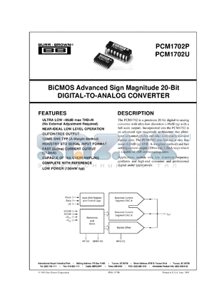 PCM1702U-K/2K datasheet - BiCMOS Advanced Sign Magnitude 20-Bit D/A Converter