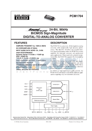 PCM1704U-J datasheet - SoundPlus™ 24-Bit, 96kHz BiCMOS Sign-Magnitude Digital-To-Analog Converter