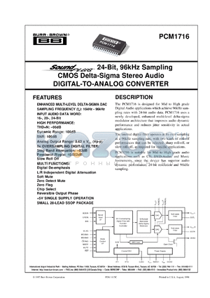 PCM1716E datasheet - SoundPlus™ 24-Bit, 96kHz Sampling CMOS Delta-Sigma Stereo Audio Digital-to-Analog Converter