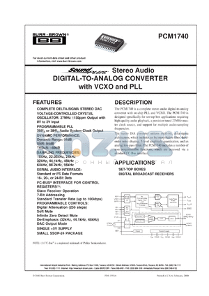PCM1740E/2K datasheet - SoundPlus™ Stereo Audio Digital-to-Analog Converter with VCXO and PLL