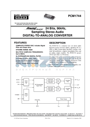 PCM1744U datasheet - SoundPlus™ 24 Bits, 96kHz, Sampling Stereo Audio Digital-to-Analog Converter