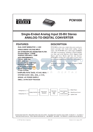 PCM1800E/2K datasheet - Single-Ended Analog Input 20-Bit Stereo Analog-To-Digital Converter