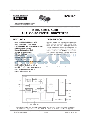 PCM1801U/2K datasheet - 16-Bit, Stereo, Audio Analog-To-Digital Converter