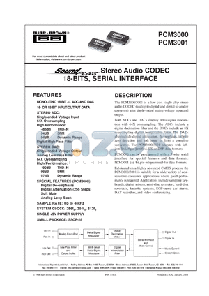 PCM3000E/2K datasheet - SoundPlus™Stereo Audio CODEC 18-bits, Serial Interface