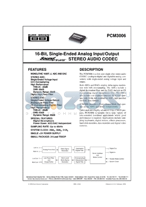 PCM3006T/2K datasheet - 16-Bit, Single-Ended Analog Input/Output SoundPlus™ Stereo Audio CODEC