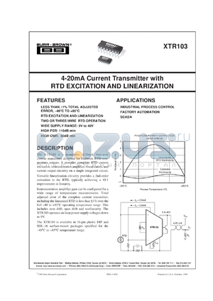 XTR103BU/1K datasheet - 4-20mA Current Transmitter/RTD Excitation And Linearization