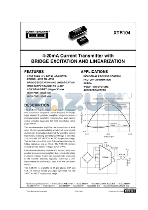 XTR104AU/1K datasheet - 4-20mA Current Transmitter/Bridge Excitation And Linearization