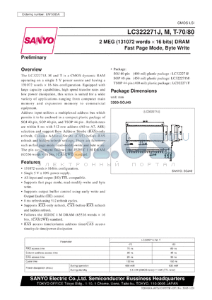 LC322271M-70 datasheet - 2MEG (131072words x 16bit) DRAM fast page mode, byte write