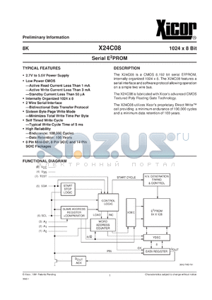 X24C08SI-3 datasheet - 8K (1024 x 8bit) serial E2PROM