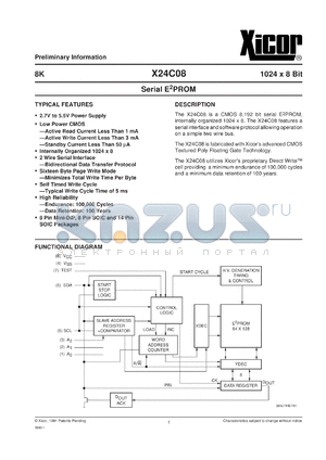 X24C08SM-3 datasheet - 8K (1024 x 8bit) serial E2PROM