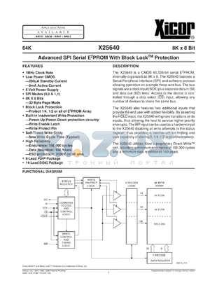 X25640PI datasheet - 64K (8K x 8bit) Advanced SPI serial E2PROM with block lock protection