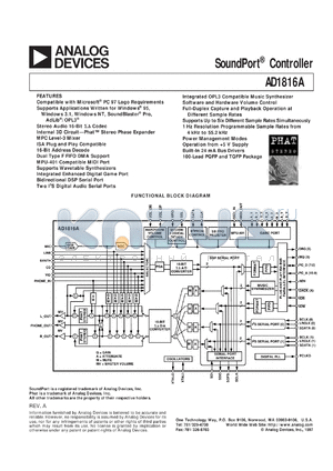 AD1816 datasheet - Single chip Plug and Play multimedia audio subsystem