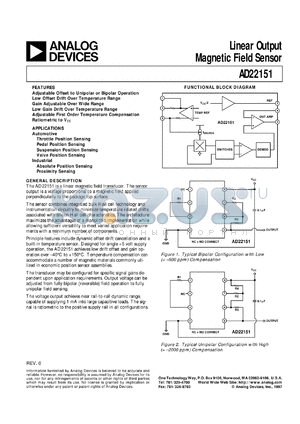 AD22151X datasheet - Linear Output Magnetic Field Transducer (rev. 12/97)