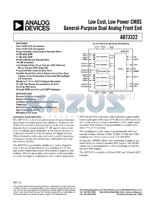 AD73322 datasheet - Single-Channel, 3 V and 5 V Front-End Processor for General Purpose Applications Including Speech and Telephony