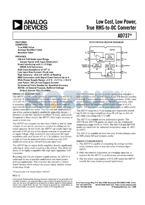 AD737 datasheet - Low power, precision, monolithic true rms-to-dc converter with 200 mV Full-scale Input Range