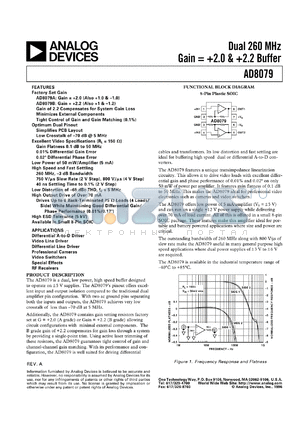 AD8079 datasheet - Dual 260 MHz Gain = +2.0 & +2.2 Buffer