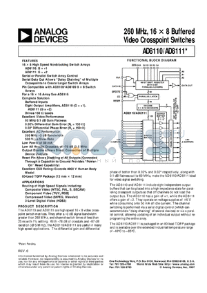 AD8111 datasheet - 260 MHz, 16 x 8 Buffered Video Crosspoint Switch (Gain=2)