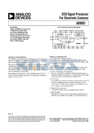 AD9801 datasheet - 10-Bit, 18 MSPS 1-Channel CCD Processor for Digital Still Camera and Video Conferencing Applications