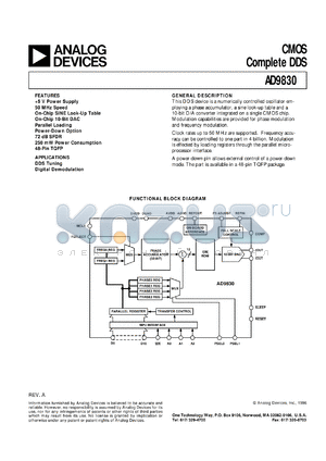 AD9830 datasheet - Numerically Controlled Oscillator, a sine Look-up Table and a 10-Bit D/A Converter Integrated on a Single CMOS Chip