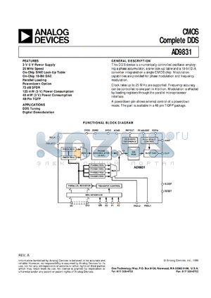 AD9831 datasheet - Numerically Controlled Oscillator Employing a Phase Accumulator, a Sine Look-Up Table and a 10-Bit DAC, Integrated on a Single CMOS Chip