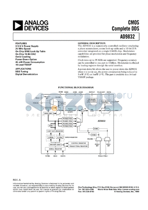 AD9832 datasheet - Numerically Controlled Oscillator Employing a Phase Accumulator, a Sine Look-Up Table and a 10-Bit DAC, Integrated on a Single CMOS Chip