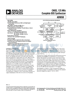AD9850 datasheet - CMOS, 125 MHz Complete DDS Synthesizer
