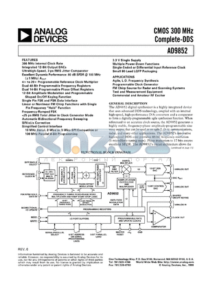 AD9852 datasheet - CMOS 300 MHz Complete-DDS Synthesizer