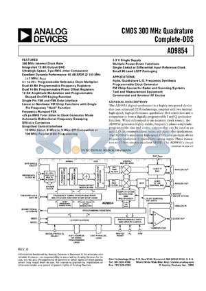 AD9854 datasheet - CMOS 300 MHz Quadrature Complete-DDS Synthesizer