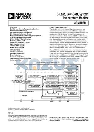 ADM1020 datasheet - 8-Lead, Low-Cost, System Temperature Monitor