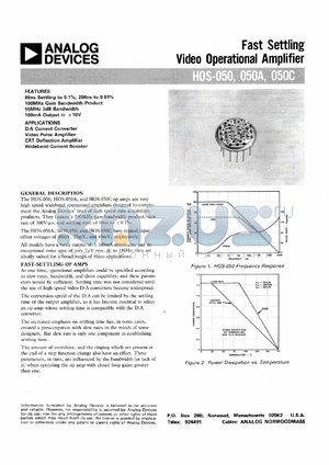 HOS-050G datasheet - Fast Setting Video Operational Amplifier