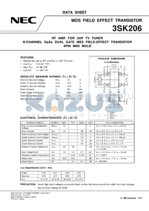 3SK206-T1 datasheet - UHF band high frequency amplification