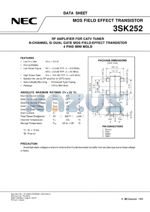 3SK252-T1 datasheet - VHF TV tuner RF amplification & mixer use N-channel MOS