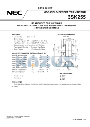 3SK255-T1 datasheet - UHF tuner high-frequency amplification N-channel MOSFET