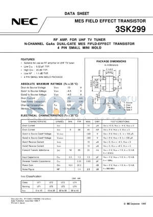 3SK299-T1 datasheet - 4-pin small type dual gate MESFET NF=1