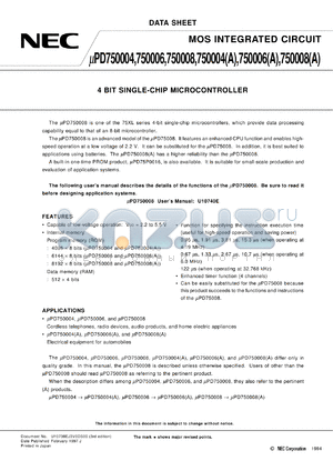 UPD750004GB-XXX-3BS-MTX datasheet - 4-bit single-chip microcomputer