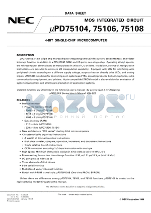 UPD75108G-XXX-1B datasheet - 4-bit single-chip microcomputer