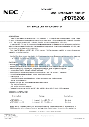 UPD75206G-XXX-1B datasheet - 4-bit single-chip microcomputer