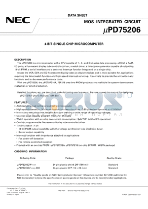 UPD75206GF-XXX-3BE datasheet - 4-bit single-chip microcomputer